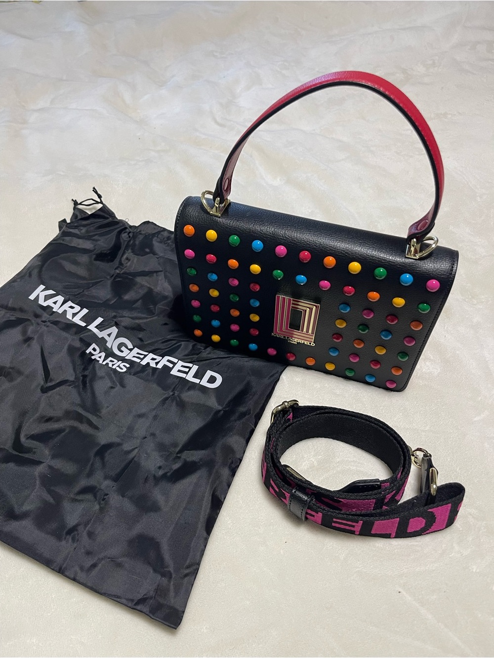 Karl Lagerfeld Black Top-Handle Bag with Multicolor Studs and Pink Handle NWOT